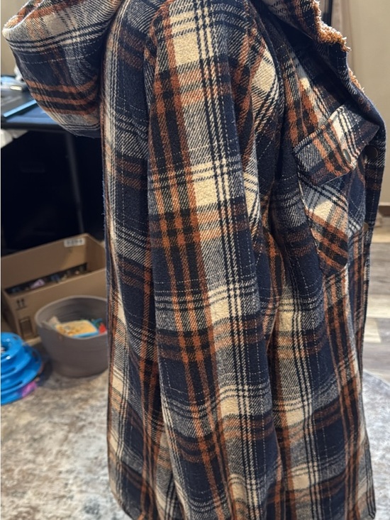 Plaid Teddy-Lined Shacket Jacket - Navy & Brown - Picture 2 of 3